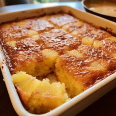 a casserole dish with pineapple in it