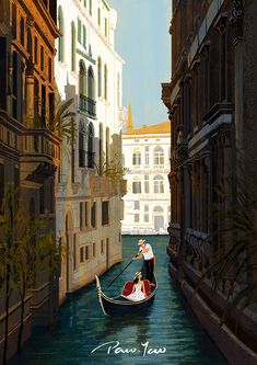 a painting of two people in a gondola going down a narrow canal with buildings on either side