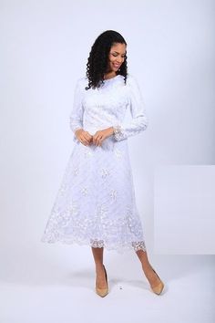 Diana 8667 1 piece Lace Dress Colors: Pink, Lilac, White Sizes: 8, 10, 12, 14, 16, 18, 20, 22, 24 White Fitted Long Sleeve Wedding Dress, Fitted White Long Sleeve Wedding Dress, White Fitted Midi Gown, White Long Sleeve Formal Dress For Spring, White Fit And Flare Knee-length Dress, Modest Midi-length Wedding Dress, White Fitted Long Sleeve Maxi Dress, White Long Sleeve Midi Dress For Formal Occasions, White A-line Tea Length Formal Dress