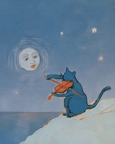 a cat sitting on top of a snow covered hill next to the ocean with a moon in the sky