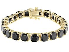 38.12ctw square cushion black spinel 18k yellow gold over sterling silver tennis bracelet. Measures approximately .27"W. Hidden box clasp. Double Safety closure. Classic Gold Jewelry With Black Diamonds, Formal Black Fine Jewelry Bracelets, Adjustable Black Tennis Bracelet For Formal Occasions, Braclets Gold, Adornment Jewelry, Silver Tennis Bracelet, Vintage Rhinestone Brooch, Box Clasp, Brooch Jewelry