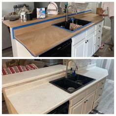 two pictures of the same kitchen counter top and sink in different stages of being painted