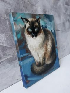 a painting of a siamese cat sitting on a blue surface with grey and white background