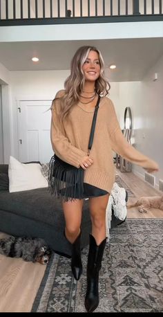 Dark Brown Fall Outfits, Skirt Snd Sweater, Boot And Skirt Outfits, Country Winter Concert Outfit, Thanksgiving Day Outfits Women Casual, Nashville Outfits Going Out Winter, Black Sweater Skirt Outfit, Nashville Outfits March, Skirt And Sweater Outfit Winter