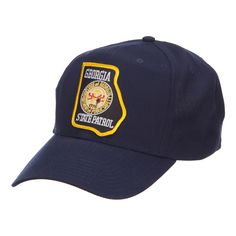 Georgia State Patrol Patched CapMade of 35% cotton and 65% polyester.One size fits most with an adjustable plastic snap closure, fitting up to 7 1/2.Same material inner hatband.Adult/Unisex.Crown measures 3 1/2 inches deep.Bill measures 2 3/4 inches long.Hand wash only.Imported. Embroidered patch of Georgia state patrol is attached on the front crown of cap.6 small ventilation holes placed on each panel of crown.Front crown is constructed.Bill is stiff and pre curved.6 panels.High profile.Our Ge Adjustable Cotton Fitted Cap, Navy Adjustable Fitted Hat For Baseball Season, Fitted Cotton Snapback Baseball Cap, Adjustable Cotton Visor Fitted Hat, Adjustable Cotton Visor Hat, Adjustable Navy Dad Hat With Curved Brim, Navy Adjustable Curved Brim Dad Hat, Adjustable Cotton Fitted Hat, Navy Adjustable Curved Brim Baseball Cap