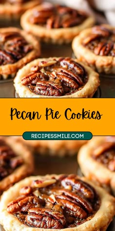 pecan pie cookies on a baking sheet with text overlay