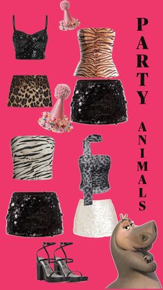 an animal print dress and shoes on a pink background with the words party animals written in black