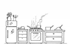 a black and white drawing of a kitchen with an oven, stove, refrigerator and cabinets