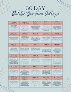 the 30 - day detute your home challenge is shown in pink and blue with handwritten