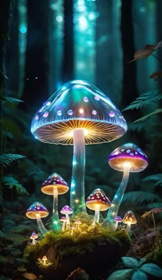 a group of mushrooms that are in the woods with light up lights on their tops