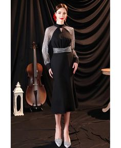 Buy pretty fishtail little black semi party dress with long sleeves at wholesale price online. Free shipping and pro custom service since 2009. Black Long Sleeve Midi Dress For Banquet, Black Long Sleeve Evening Dress For Dinner, Elegant Holiday Mermaid Dress For Formal Occasions, Elegant Spring Mermaid Dress For Banquet, Elegant Spring Banquet Mermaid Dress, Holiday Formal Elegant Mermaid Dress, Holiday Formal Mermaid Dress, Black Midi Evening Dress For Banquet, Black Long Sleeve Dress For Gala