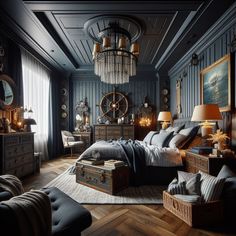 a bedroom with blue walls and wooden flooring is decorated in an old fashion style