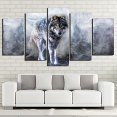 a wolf standing in the middle of a living room with white furniture and brick walls