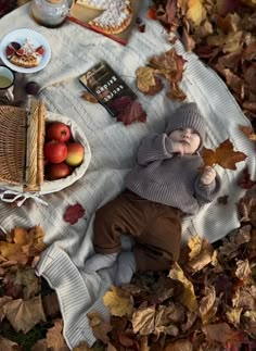 a baby is laying on a blanket with autumn leaves around him and food in the background