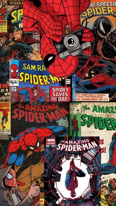 spider - man collage with comic covers in the background