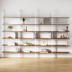 an empty room with bookshelves and plants on the shelves in front of it