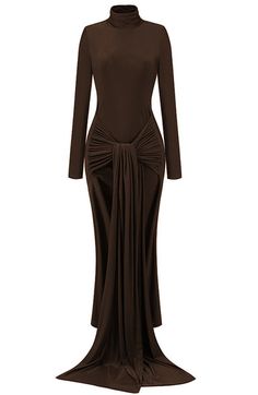 Long Sleeve Ruched Detail Maxi Dress Brown DESIGN: Color: Brown Turtle neck Long sleeves Ruched detail Mermaid design Concealed zipper at side Body sculpting design Stretch Type: Stretchy Gentle Dry Clean Only Length: Maxi MATERIAL: Polyester + Cotton + Spandex High elasticity for a better fit. Delicate sewing and hemming by durable needle lockstitch machine. YKK zipper (known as the most durable and reliable zippers manufactured today). To maintain the beauty of your garment, please follow the Trendy Elegant Dresses 2024, Elegant Brown Dress, Early Spring Outfits Casual, Long Sleeve Bandage Dress, Spring Wedding Guest Dress, Mermaid Design, Dress Weights, Brown Dresses, Classy Prom Dresses