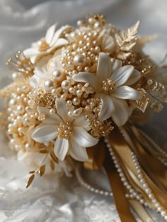 the bridal bouquet is adorned with pearls and gold leaves, as well as flowers