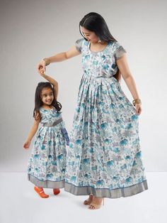 White and Blue Kalankari Print | Mother Daughter Dress Matching Mom And Daughter Dresses Indian, Mom Daughter Dress, Matching Mommy Daughter Outfits, Dresses For Mothers, Mommy Daughter Dresses, Mom Daughter Matching Dresses, Charming Outfits, Moms And Daughters, Mommy Daughter Outfits