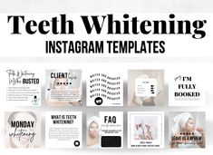 Instagram Templates made for you - to save you HOURS of time and FULLY editable to suit your needs! This black and white instagram templates theme are for small businesses who are after a clean, minimalistic look on their social media that fits with teeth whitening. Making your social media professional and aesthetic draws clients in and holds their interest!  Reach out to your audience with a mixture of engaging posts, educational posts, interactive posts and more.  These instagram story templa Teeth Whitening Business, Spray Tan Room, Engaging Posts, Black And White Instagram, White Instagram, Whitening Strips, Skincare Products Photography, Teeth Whitening Gel, Teeth Bleaching