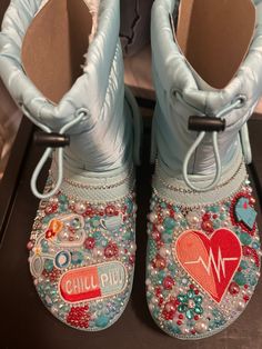 Custom crocs ready for shipping. Custom orders also available Junk Items, Crocs Custom, Crocs Slides, Bedazzled Shoes, Crocs Ideas, Custom Crocs, Crocs Boots, Creation Station, Custom Bling