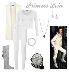 the princess leiia costume is shown with white clothing and accessories, including boots, necklaces, bracelets, and earrings