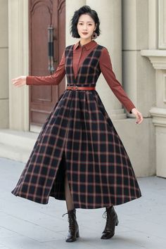 Fit and flare plaid pinafore wool dress women 5354 Winter Pinafore Dress, Plaid Wool Dress, Sleeveless Wool Dress For Fall, Chic A-line Plaid Dress, Classic Knee-length Plaid Dress, Plaid Dresses For Work, Chic Knee-length Plaid Dress For Fall, Midi-length Plaid Dress For Fall, Chic Midi-length Plaid Dress For Fall