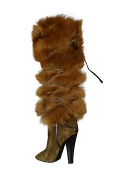 Luxury Brown Suede Heeled Boots, Brown Boots With Faux Fur Trim, Brown Winter Boots With Faux Fur Trim, Brown Suede Lace-up Boots For Winter, Winter Brown Boots With Suede Lining, Luxury Brown Shearling Boots, Brown Winter Boots With Suede Lining, Luxury Winter Boots With Faux Fur Trim, Luxury Brown Winter Heeled Boots