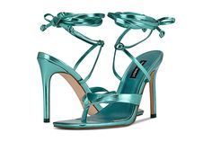 Nine West Terrie 3 - Women's Shoes : Metallic Turquoise : Look super-stunning and gorgeous wearing the Nine West Terrie 3 Heels. Faux leather upper. Man-made lining. Ankle lace-up tie back closure. Skinny crisscross strap detailing. Imported. Man-made outsole. Measurements: Heel height: 4.02 in. Weight of footwear is based on a single item, not a pair. Turquoise Satin Shoes, Lace-up Sandals With 4-inch Heel, Formal Lace-up Sandals With Straps For Spring, Formal Lace-up Sandals With 4-inch Heel, Heel Strap Lace-up Formal Sandals, Heel Strap Lace-up Sandals For Formal Occasions, Lace-up Sandals With 4-inch Heel For Evening, Chic Cross-tied Lace-up Heels, Strappy Lace-up Sandals For Formal Occasions