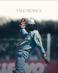 a baseball player pitching a ball on top of a field with the caption take me back