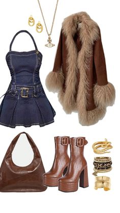 a woman's outfit and accessories including boots, handbag, purse