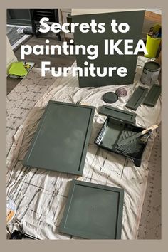 there are some pieces of furniture that have been painted green with the words secrets to painting ikea furniture