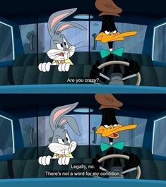 cartoon rabbit driving in a car with the caption saying, are you crazy? there's not a word for my condition