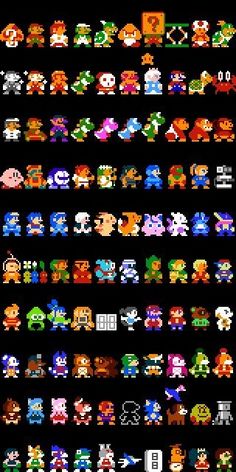 an old school video game screen with many different characters and numbers on it, all in different colors