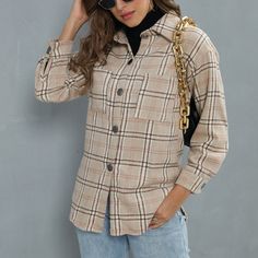 SPECIFICATIONS Pattern: Plaid Neckline: Lapel Style: Commute style Size: S,M,L,XL Style Type: Temperament commute Pattern Type: Collage/Stitching Fashion Element: Printing Material: Woolen Plaid Sleeve Style: Regular Sleeve Color: Khaki, Pink, Beige Sleeve Length: Long Sleeve Casual Polo Regular Sleeve Collar Plaid Single-breasted Women's Shirt Coat Fall Shirt With Lapel Collar, Shirt With Lapel Collar And Placket For Fall, Collared Beige Blouse For Fall, Beige Collared Blouse For Fall, Fall Beige Collared Blouse, Plaid Collared Single-breasted Top, Beige Shirt With Pockets For Fall, Single Breasted Shirt For Workwear In Fall, Single Breasted Shirt For Fall Workwear