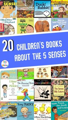 children's books about the 5 senses with text overlay that reads, 20 children's books about the 5 sense