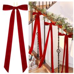 a red ribbon tied to the banisters with christmas decorations on top and below