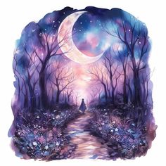 a painting of a person standing in the middle of a forest under a full moon