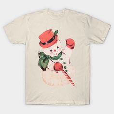 cute vintage midcentury snowman -- Choose from our vast selection of Crewneck and V-Neck T-Shirts to match with your favorite design to make the perfect graphic T-Shirt. Pick your favorite: Classic, Boxy, Tri-Blend, V-Neck, or Premium. Customize your color! For men and women. Vintage Graphic Print Winter Top, Retro Winter T-shirt With Graphic Print, Vintage White T-shirt With Funny Print, Vintage Crew Neck Top For Holiday, Vintage Crew Neck Holiday Top, Vintage Screen Print Tops For Winter, Cute Winter Graphic Print T-shirt, Vintage Cotton Tops For Holiday, Vintage Christmas Crew Neck Top