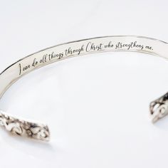 "Details: - one 1/4\" width solid sterling silver cuff bracelet engraved with a floral motif on the outside - your choice of wording on the inside (45 Characters or less) - your choice of size (small or medium....Medium is the most common size) - all cuffs can be adjusted with steady pressure to be made tighter or looser ~DON'T FORGET TO GRAB A SUNSHINE POLISHING CLOTH: https://www.etsy.com/listing/469627127/sunshine-cleaning-cloth-for-jewelry?ref=shop_home_active_1 CHECK OUT MY ENTIRE SHOP! htt Secret Message Bracelet, Engraved Cuff, Message Bracelet, Silver Gold Jewelry, Cuff Jewelry, Sterling Silver Cuff Bracelet, Sterling Silver Cuff, Anniversary Gift For Her, Silver Cuff