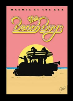 the beach boys poster with three people on top of a car in front of an orange sun