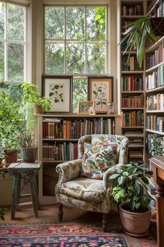 a living room filled with lots of books and plants