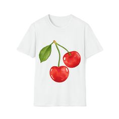 Cherry t-shirt, cherry shirt, cherries shirt, cherries t-shirt, trendy shirt, y2k shirt, christmas gift ideas, christmas gifts, trendy shirt SHIRT DETAILS: The unisex soft-style t-shirt puts a new spin on casual comfort. Made from very soft materials, this tee is 100% cotton for solid colors. Heather colors and sports grey include polyester. The shoulders have twill tape for improved durability. There are no side seams. The collar is made with ribbed knitting to prevent curling damage.  .: Made