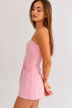 strapless denim romper Brand: Le Lis Style: SM8575 Fabric: 70% COTTON 27% POLYESTER 3% SPANDEX Details: Pink Denim Romper, Pink Denim, Pink Shade, Corset Crop Top, Denim Romper, Gameday Outfit, Faded Denim, Crop Top Sweater