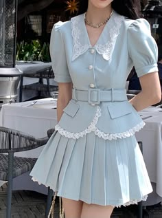 ❤︎Fresh Girl Blue Lace Setup❤︎ Blue Wardrobe Aesthetic, Classy Fashion Women, Royal Fashion Casual, Cute Office Wear, French Princess Aesthetic, Cute Modest Fashion, Light Blue Y2k Outfit, Soft Blue Aesthetic Korean, Blue Dresses Aesthetic