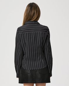 Made from supremely soft 100% cotton, this classic black and off-white striped long sleeve shirt is designed with a hook-and-eye closure and a flattering, fitted silhouette with a front notch. | Rosaly Shirt - Black/Buttercream | Size 14 Fall Long Sleeve Shirt With Striped Collar, Fall Long Sleeve Tops With Vertical Stripes, Classic Long Sleeve Blouse With Striped Collar, Classic Long Sleeve Tops With Striped Collar, Classic Striped Collar Blouse For Fall, Classic Fall Blouse With Striped Collar, Classic Blouse With Striped Collar For Fall, Vertical Stripes Long Sleeve Shirt For Fall, Fall Long Sleeve Shirt With Vertical Stripes