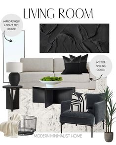 the living room is decorated in black and white