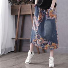 Product ID: JW3670 
 Material: Denim 
 Color: Blue 
 Size Info: 
 One Size   Waist 68-104 cm, Hip 112 cm, Length 71 cm www.ccovv.com Retro Patch, Patch Denim, Jeans Love, Altered Clothing, Skirts Women, Flower Patch, Denim Patches, Denim Color, Mid Length Skirts