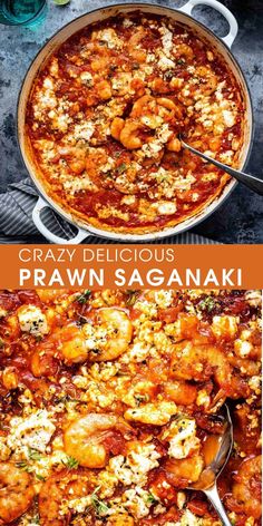 two pictures with different types of food in them and the words crazy delicious prawn saganaki