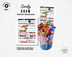 Looking for a retirement gift idea for a coworker? This funny retirement candygram card is a great way to celebrate the new retiree. It also makes a great retirement party decoration. All you have to do is print the digital download. Then purchase the candy shown on the card. Stores like Walgreens, CVS and large stores at gas stations always have the best selection of candy. Then make a festive gift box or bucket of candy and attach the card. The acrylic candy bucket in my photo is from Party City. Please note: No physical product will be shipped to you. The instant download is a pdf for the happy retirement candy gram card. The file includes two card sizes (5x7 and 8½ x 11). Actual candy is not included. Feel free to print as many as you need for personal use. For best results, print on w Candy Bar Poems, Retirement Candy, Candy Bar Poster, Funny Retirement Cards, Coworker Retirement, Candy Gram, Retirement Gift Ideas, Retirement Party Gifts, Candy Board